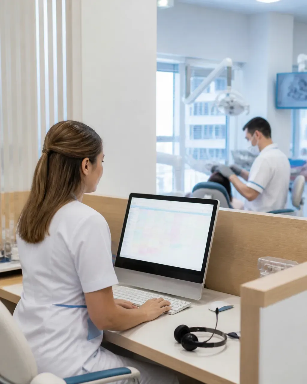 The clinic administrator answers patient messages at the front desk