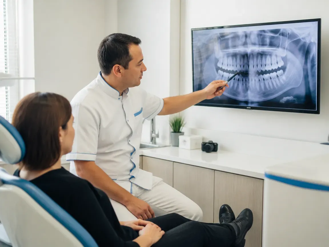 Consultation: doctor and patient at a screen with an X-ray — illustration for the "Preparation and Examination" section
