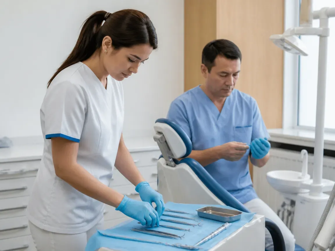 Preparation: the assistant lays out sterile instruments, the doctor puts on gloves — illustration for the section "How the procedure itself is performed"