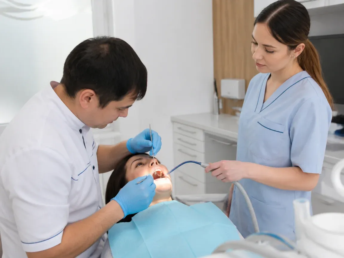 Follow-up visit: the doctor checks the result with a mirror while the assistant holds the saliva ejector — illustration for the section "Wisdom tooth extraction under general anesthesia"