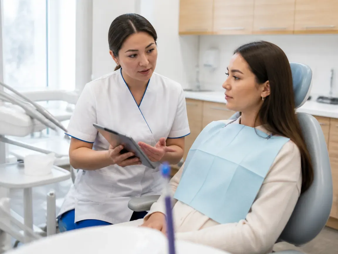 End of appointment: the doctor beside the patient goes over aftercare instructions — illustration for the section "Recovery after the procedure"