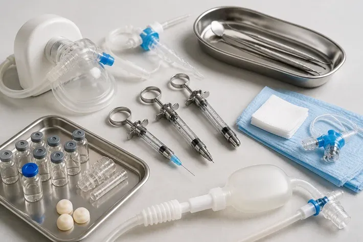 Instruments and materials for this type of treatment, laid out on a light-colored surface — an illustration for the "Local Anesthesia" section