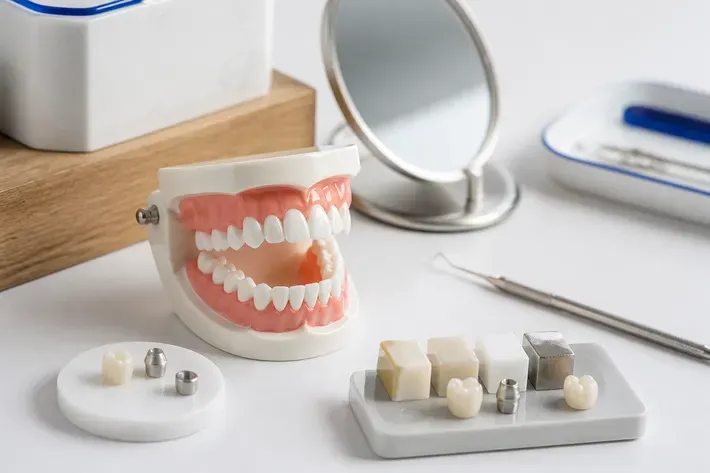A jaw model and material samples on the dentist's table next to a mirror and probe — an illustration for the "General Anesthesia" section