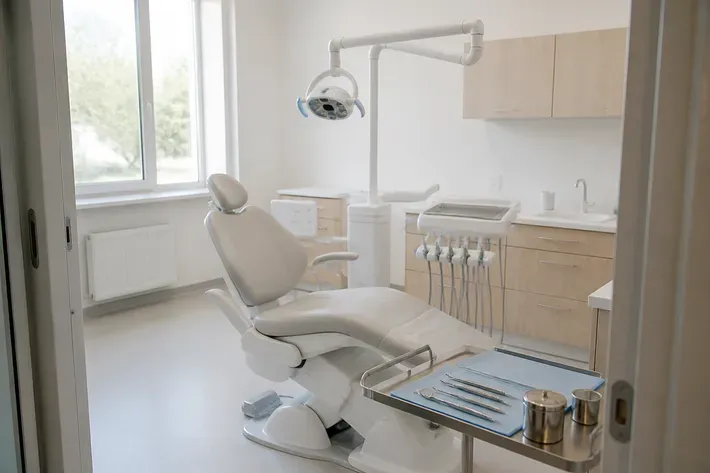 A treatment room prepared for an appointment: a dental chair, an overhead light, and a tray of instruments — an illustration for the section "What you need to know about preparing for general anesthesia"