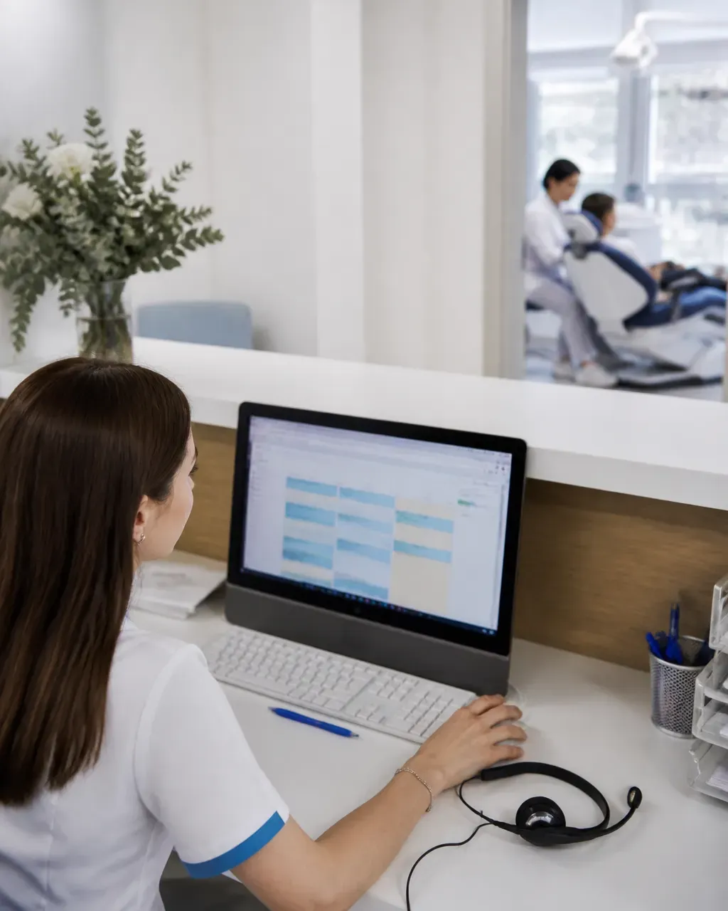 The clinic administrator answers patient messages at the front desk
