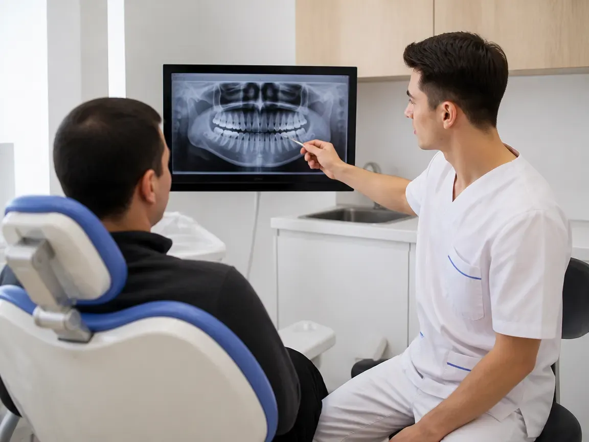 Consultation: doctor and patient at a screen with an X-ray — illustration for the "Consultation and Diagnostics" section