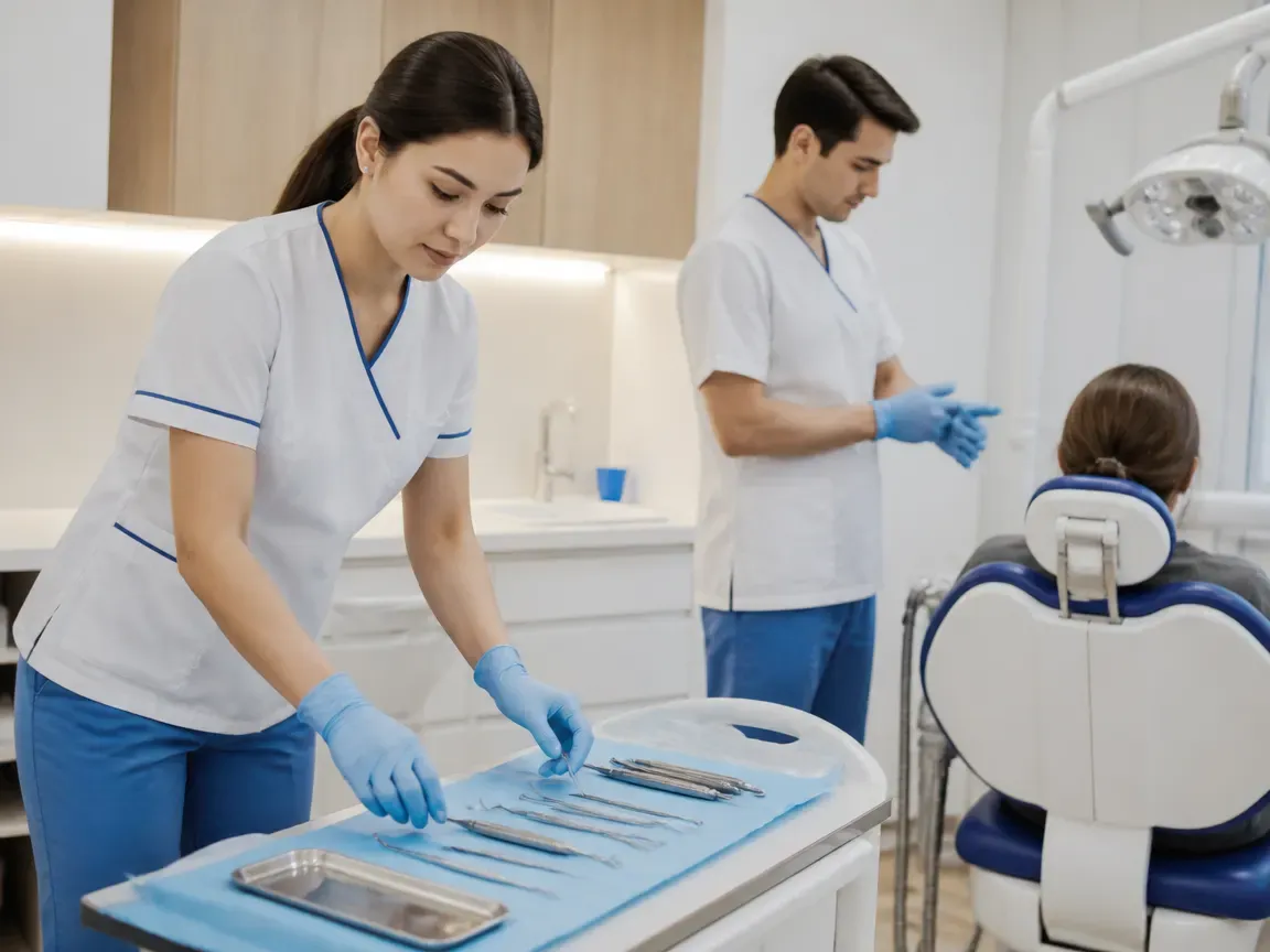 Preparation: the assistant lays out sterile instruments, the dentist puts on gloves — illustration for the section "Preparing for the procedure"
