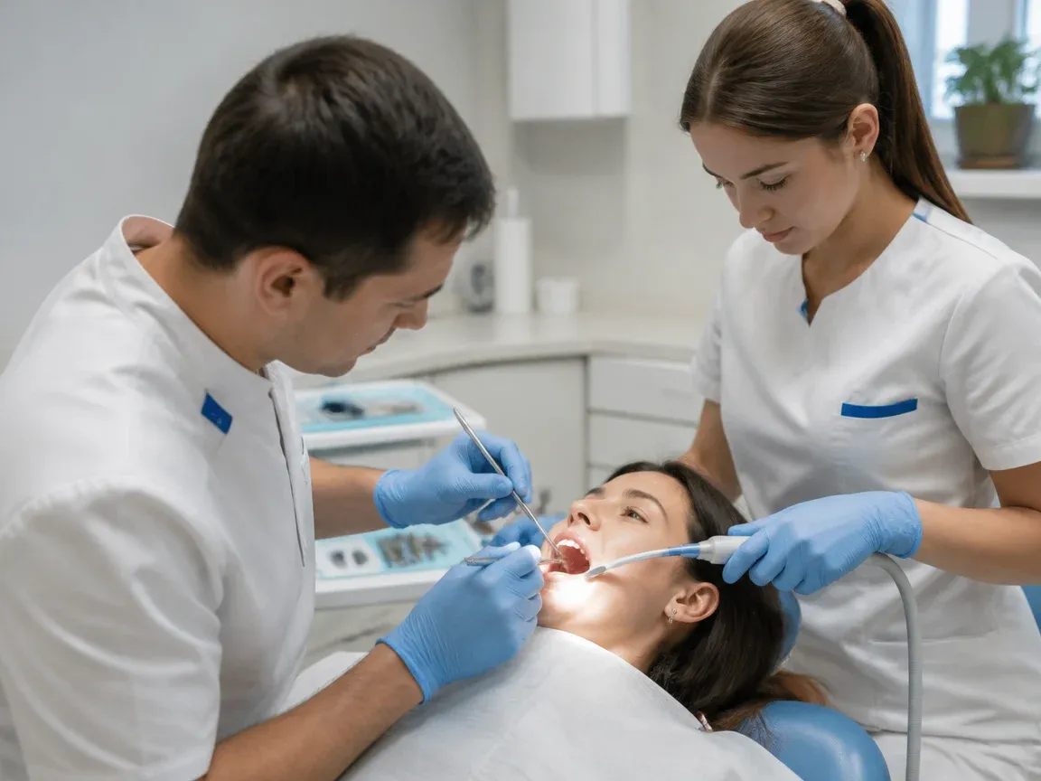 Follow-up visit: the dentist checks the result with a mirror while the assistant holds the saliva ejector — illustration for the section “Coming out of sedation”