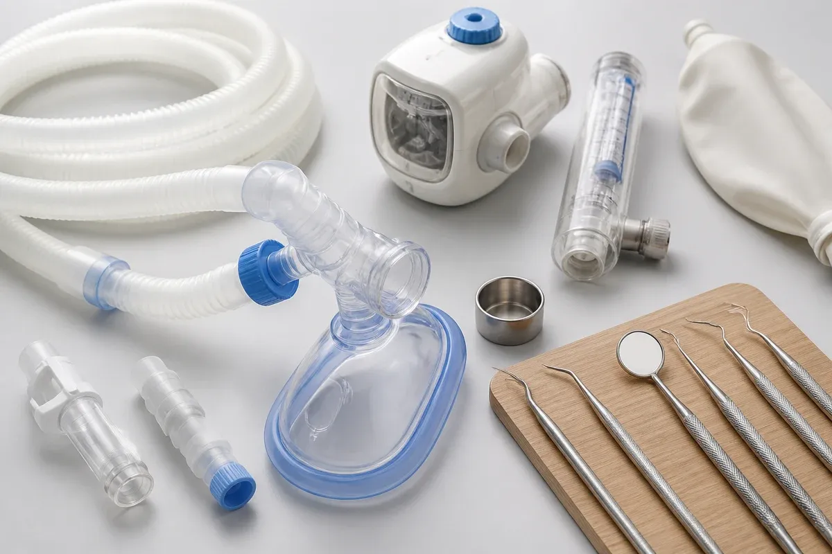 Instruments and materials for this type of treatment, laid out on a light surface — an illustration for the Inhalation Sedation section