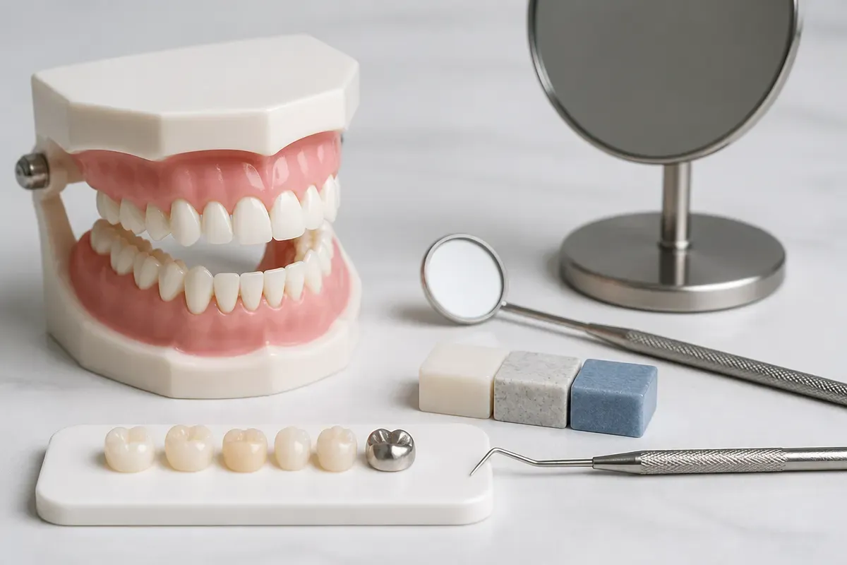 A jaw model and material samples on the dentist's table next to a mirror and probe — an illustration for the "Deep Sedation" section