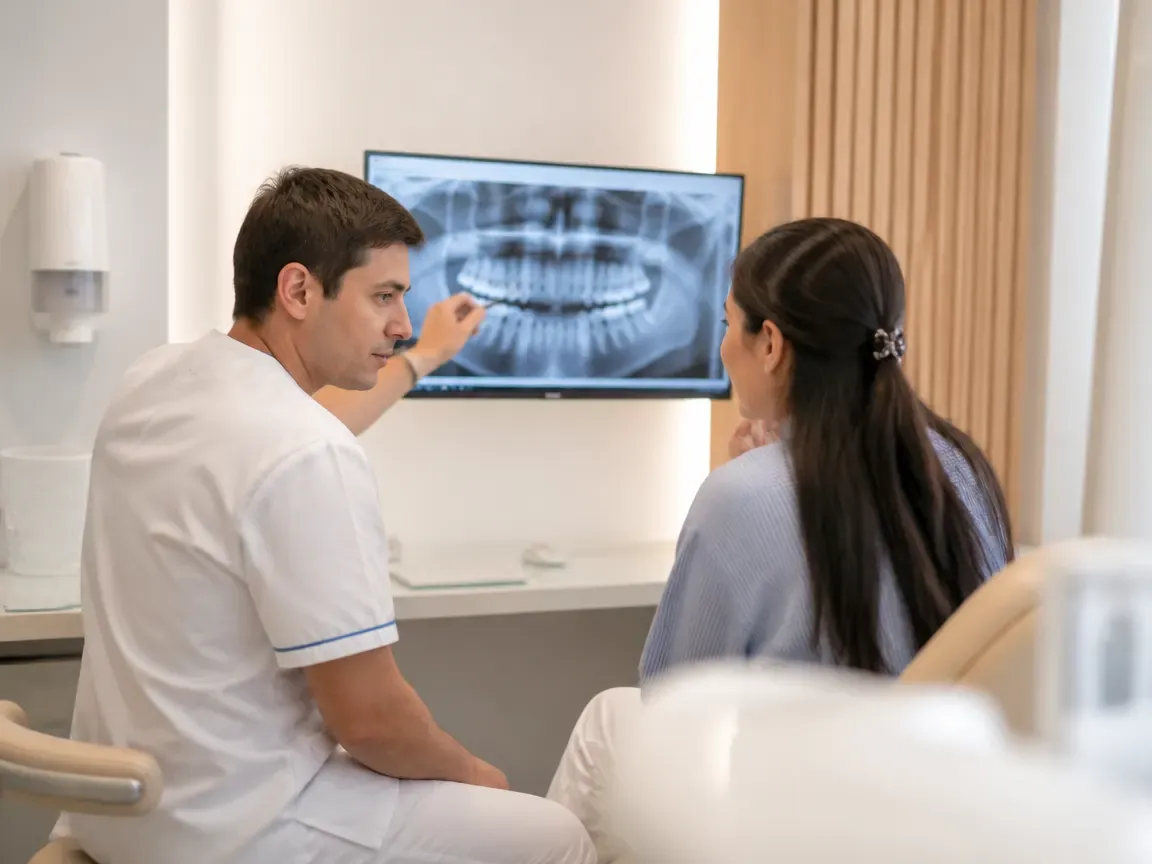 Consultation: dentist and patient at a screen with an X-ray — illustration for the section "How dental treatment under sedation works: stages and duration"