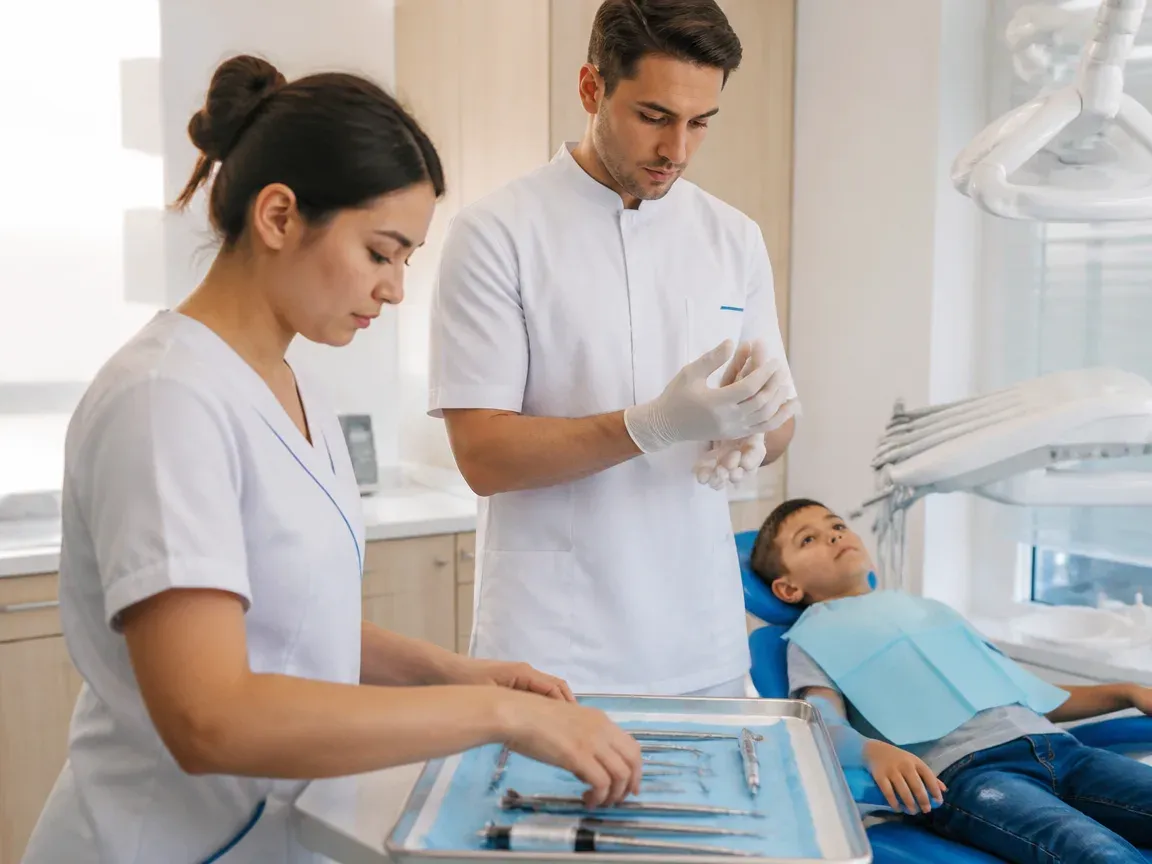 Preparation: the assistant lays out sterile instruments, the dentist puts on gloves — illustration for the section "How many teeth can be treated in one session under sedation"