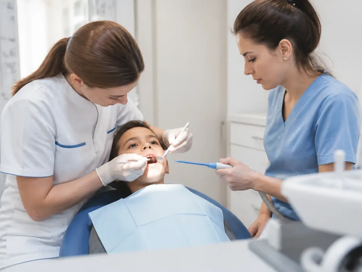 Follow-up visit: the dentist checks the result with a mirror while the assistant holds the saliva ejector — illustration for the section "What happens during the initial visit before treatment under sedation"