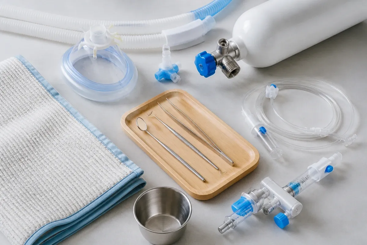 Tools and materials for this type of treatment, laid out on a light-colored surface — an illustration for the section "What types of sedation are there: nitrous oxide, laughing gas, intravenous sedation"