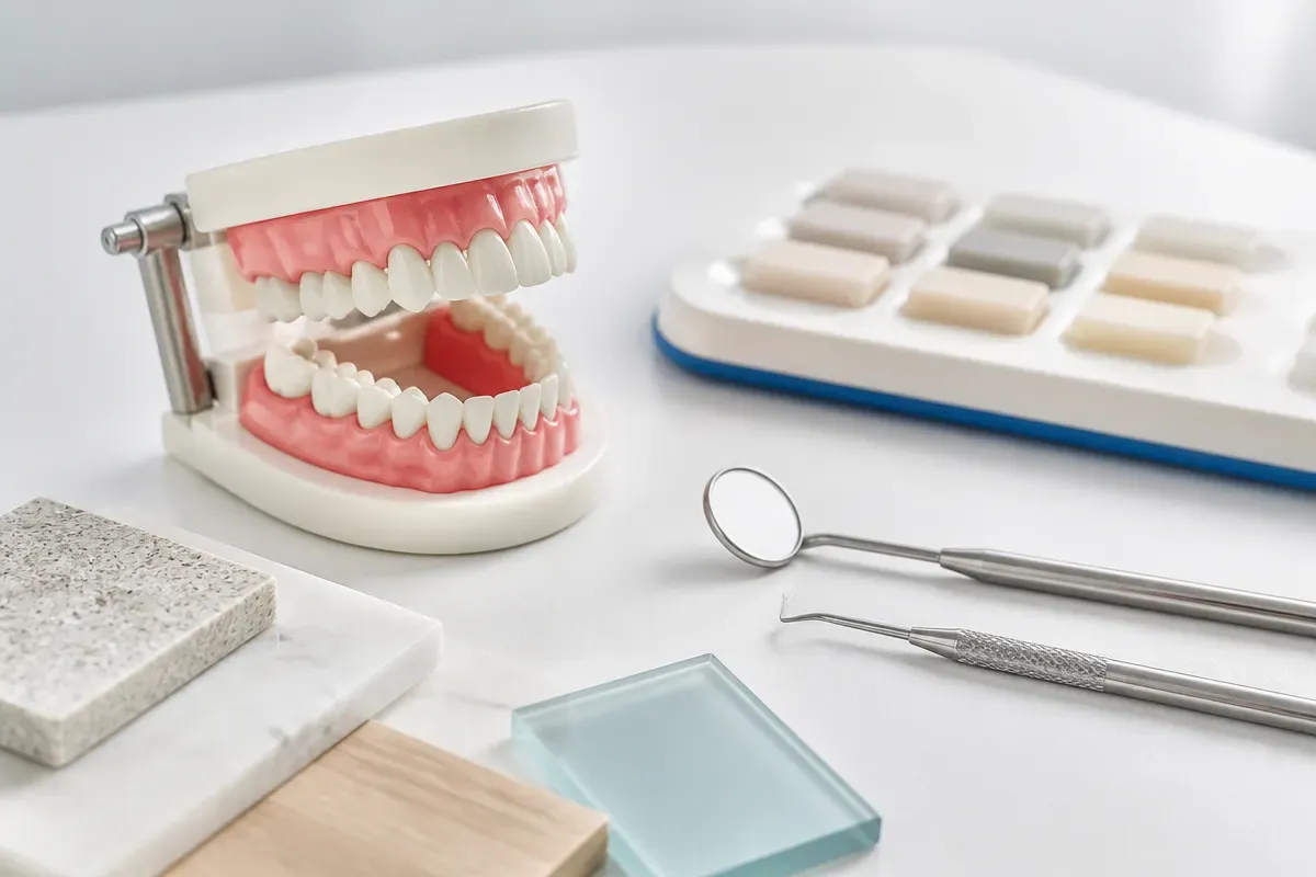 A jaw model and material samples on the dentist's table next to a mirror and probe — an illustration for the section "How the type of sedation for a child is selected"