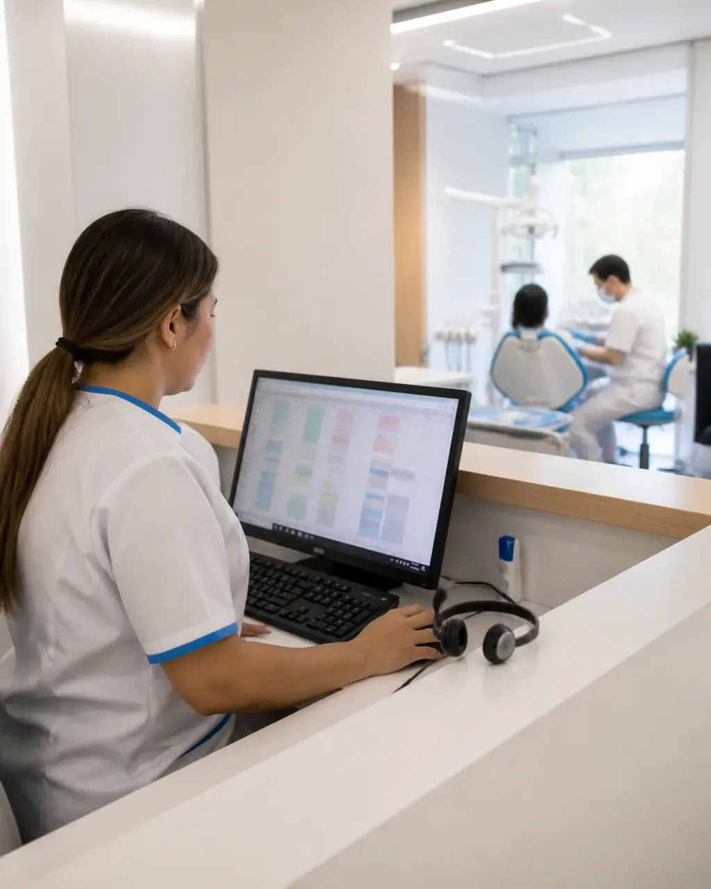 The clinic administrator answers patient messages at the front desk