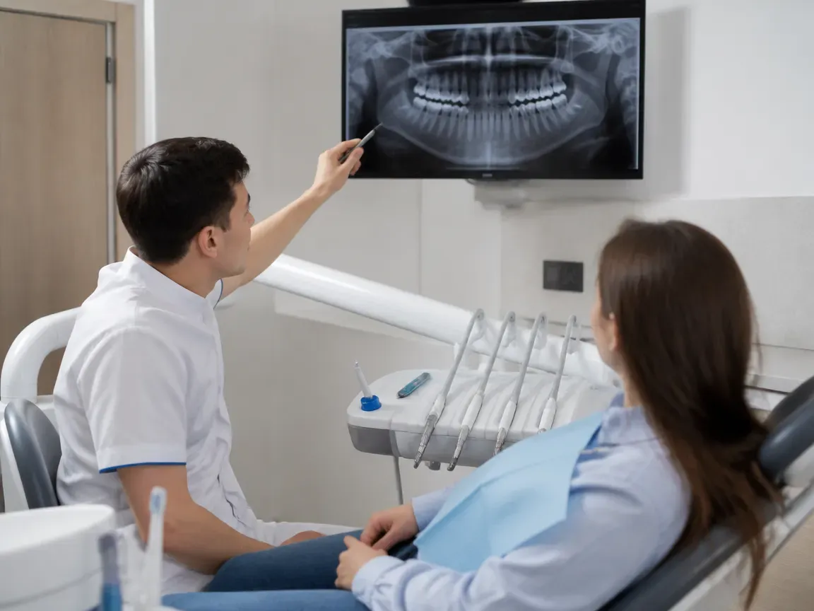 Consultation: doctor and patient at a screen with an X-ray — illustration for the section "Examination and Diagnostics"