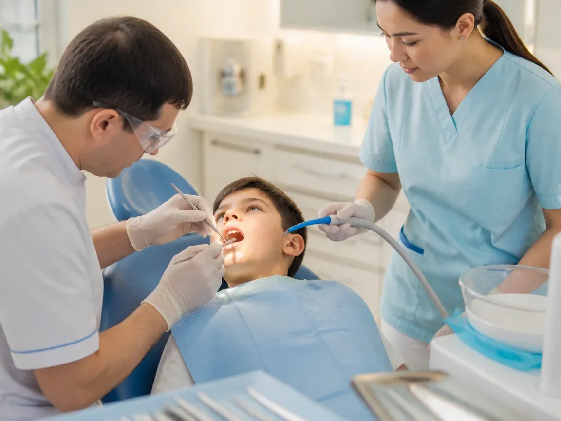 Follow-up visit: the dentist checks the result with a mirror while the assistant holds the saliva ejector — illustration for the "Tooth treatment" section