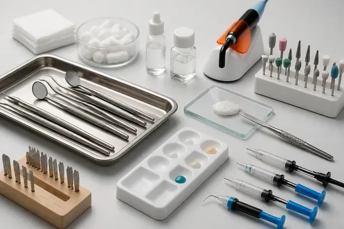 The instruments and materials used for this type of treatment, laid out on a light surface — an illustration for the "Pediatric Dentist" section