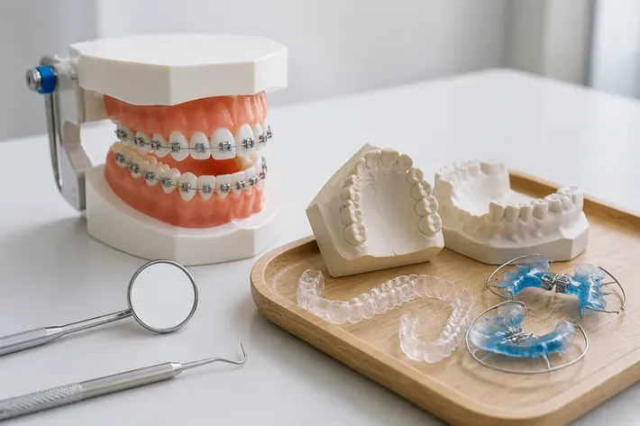 A jaw model and material samples on the dentist's table next to a mirror and probe — an illustration for the Orthodontics section