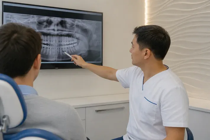 Doctor showing a patient an X-ray on screen and explaining the treatment plan — illustration for the Maxillofacial Surgeon section