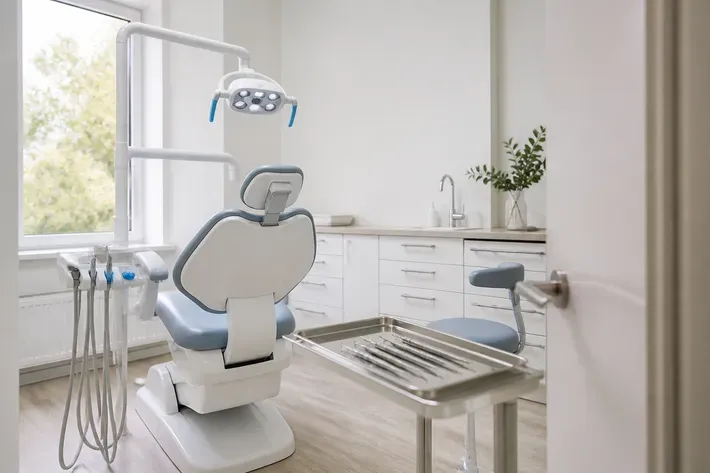 Treatment room prepared for an appointment: dental chair, lamp, and tray of instruments — illustration for the Periodontist section