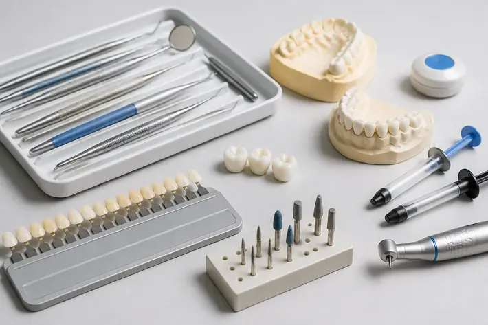 Tools and materials for this type of treatment, laid out on a light surface — an illustration for the "Therapist and Prosthodontist" section