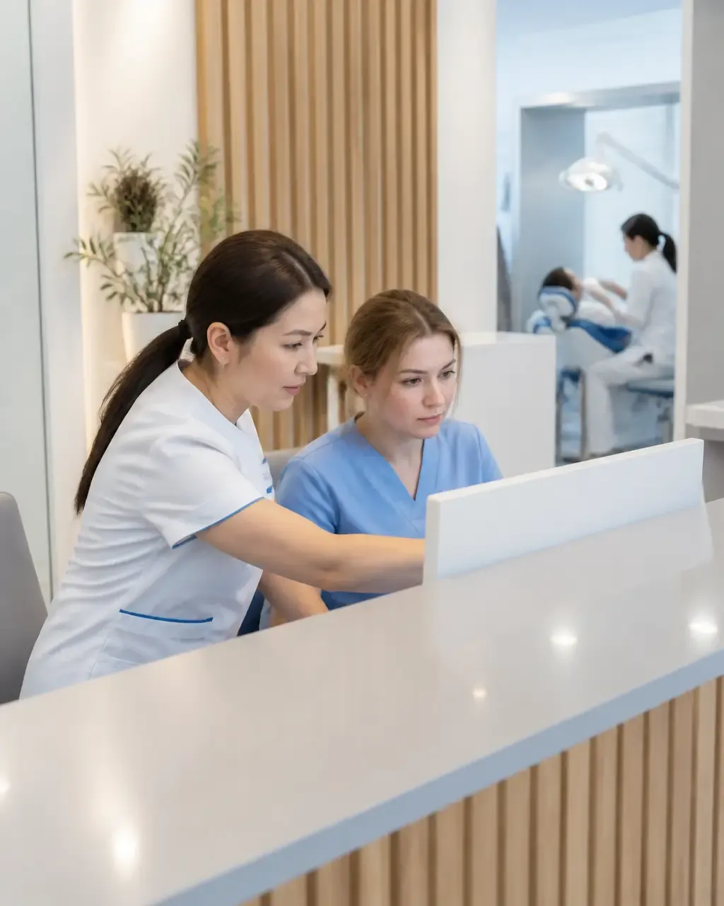 Clinic administrators check the appointment schedule on the screen at the front desk