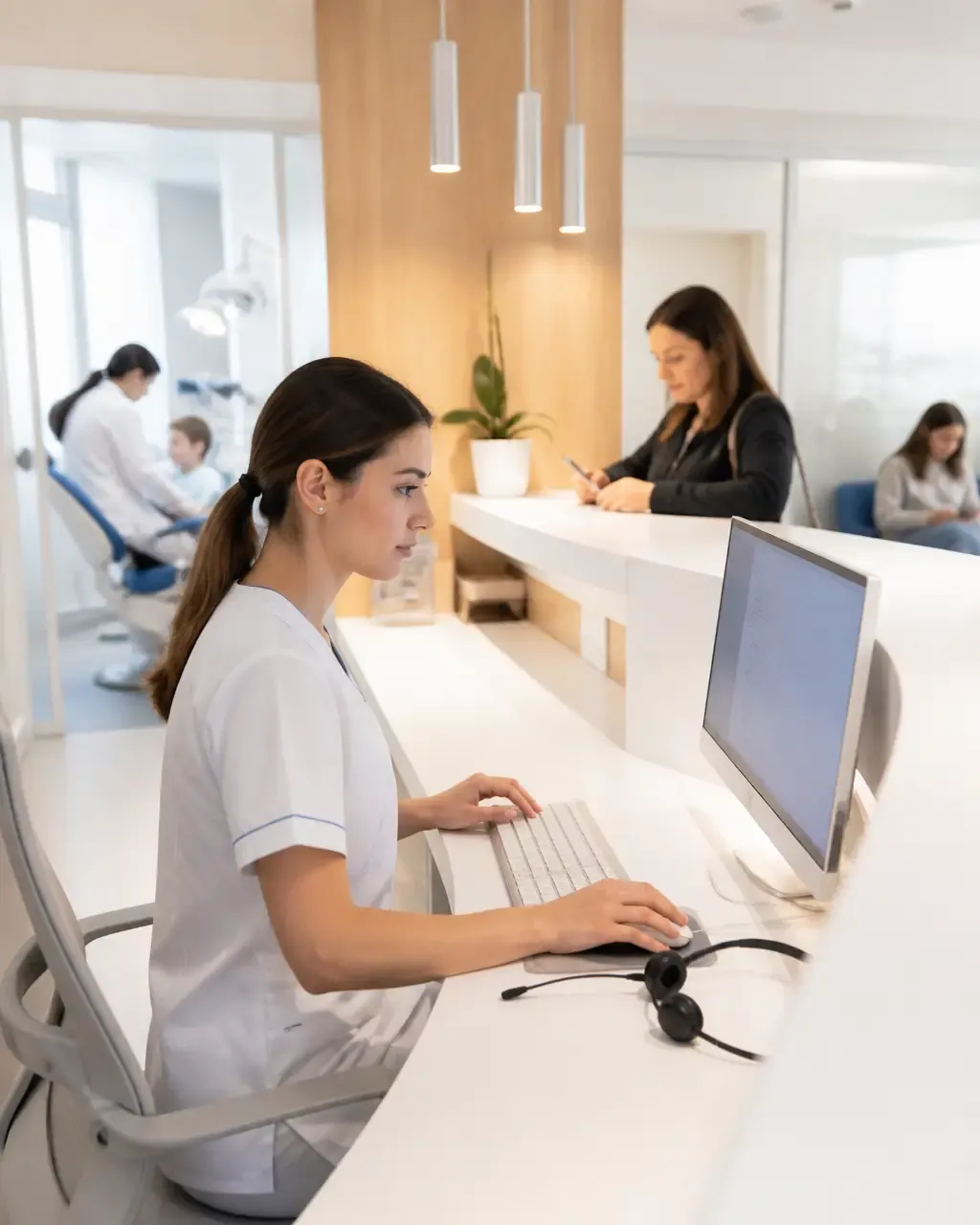 The clinic administrator answers patient messages at the front desk