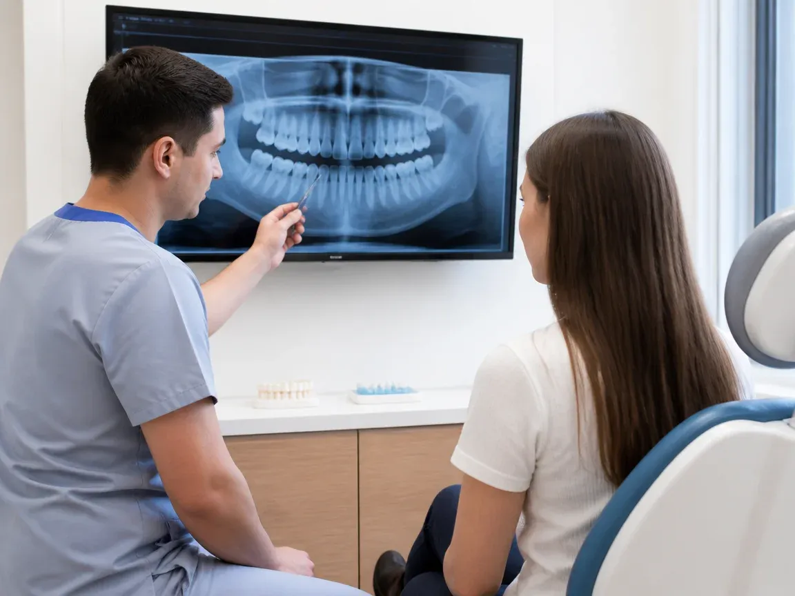 Consultation: doctor and patient at a screen with an X-ray — illustration for the "Consultation and Diagnostics" section