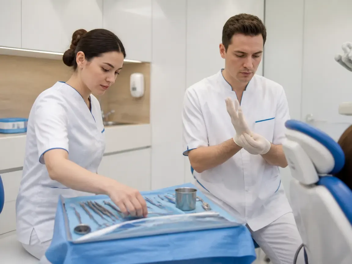 Preparation: the assistant lays out sterile instruments, the dentist puts on gloves — illustration for the "Preparation" section