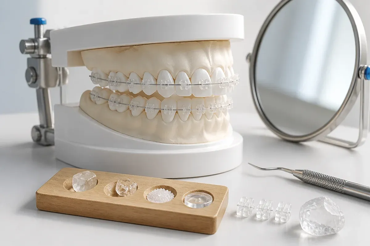 A jaw model and material samples on the dentist's table next to a mirror and probe — an illustration for the "Sapphire" section