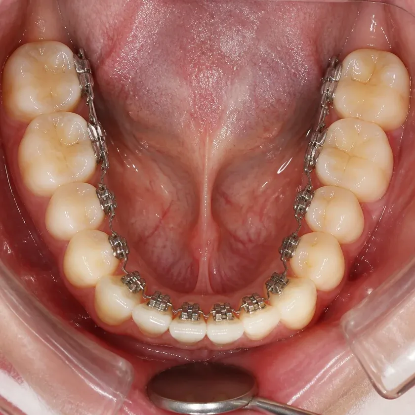 Lingual braces — close-up clinical photo of the result after treatment