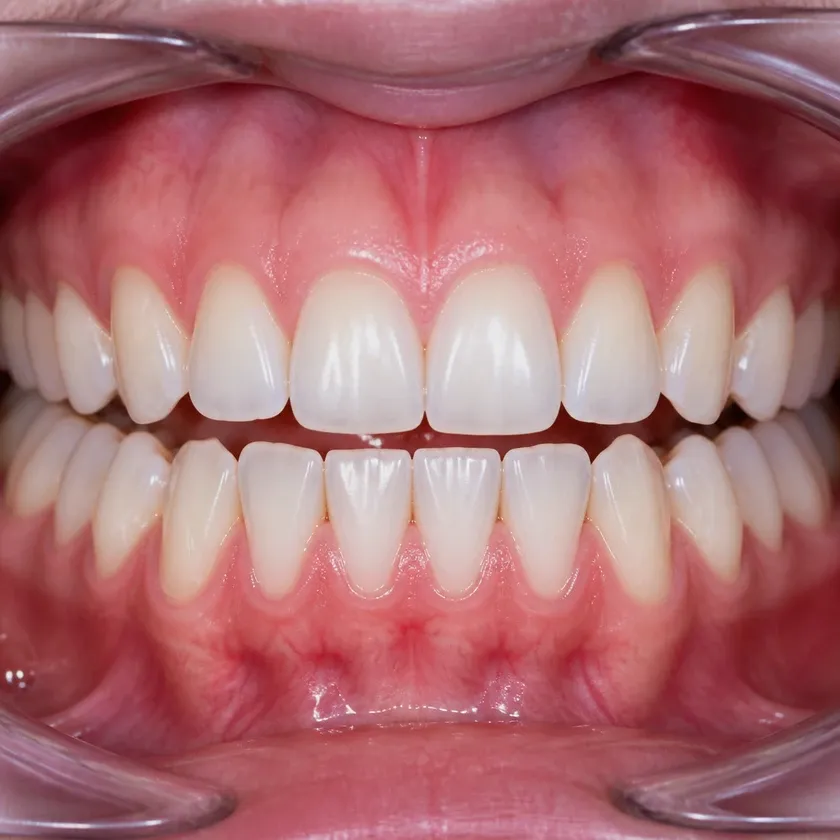 Lingual braces — close-up clinical photograph of the treatment result