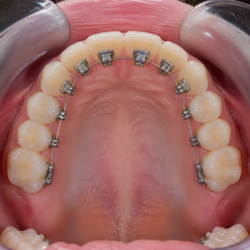 Lingual braces — close-up of the treatment result in a clinical photograph