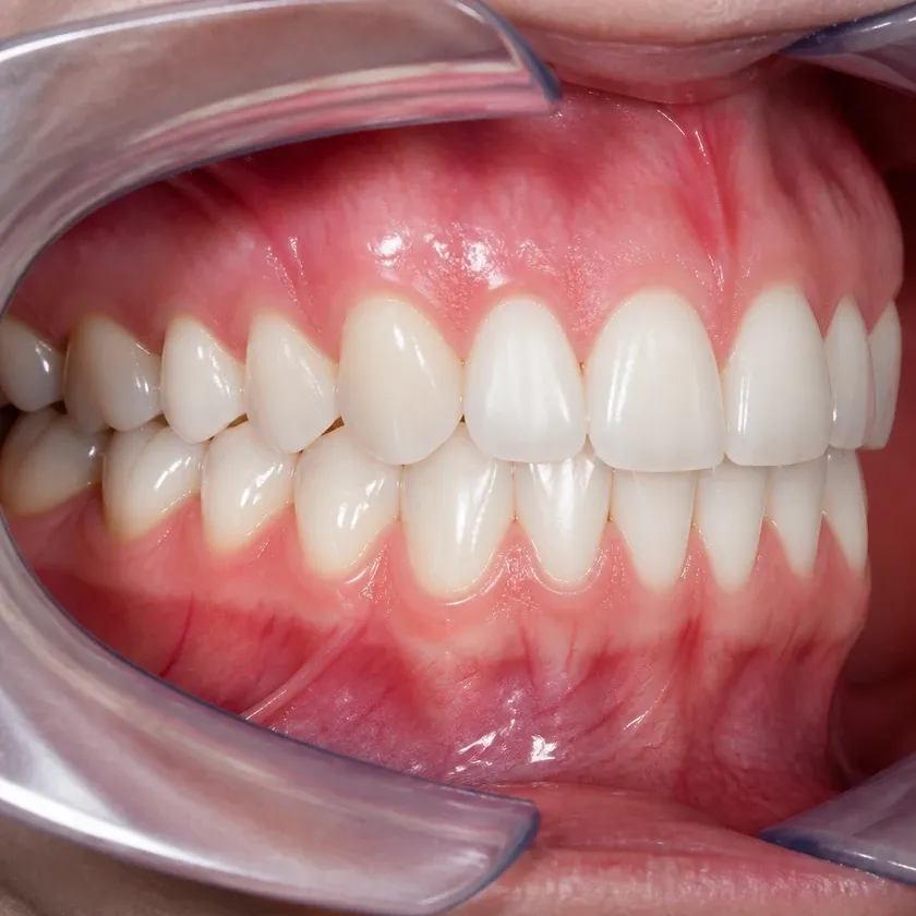Lingual braces — close-up clinical photo of the treatment result