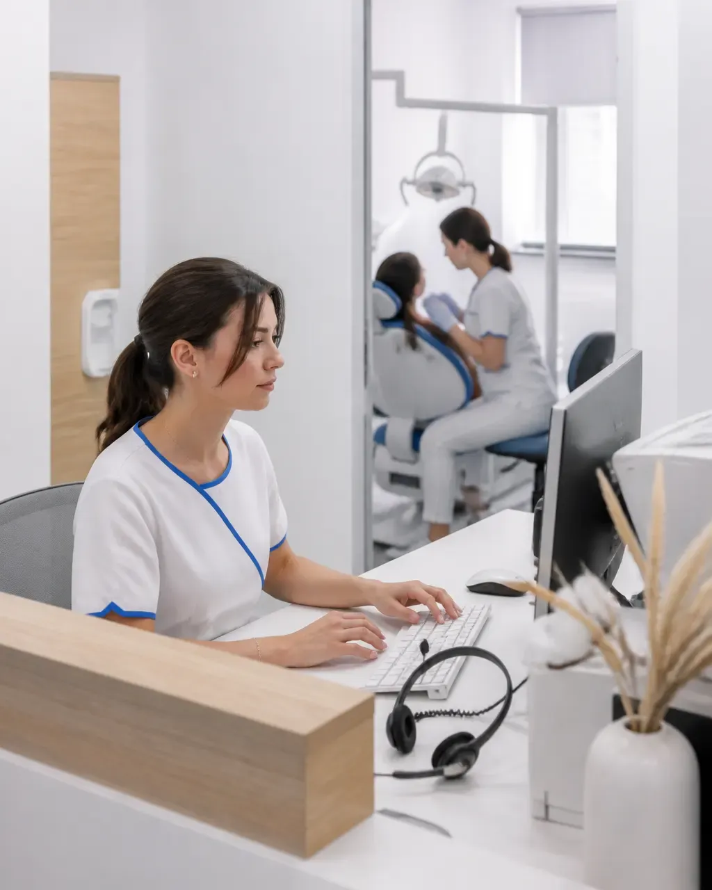 The clinic administrator answers patient messages at the front desk