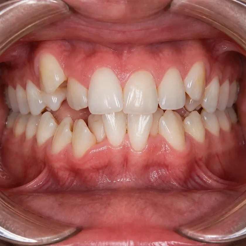 Lingual braces — pre-treatment condition in a clinical photograph