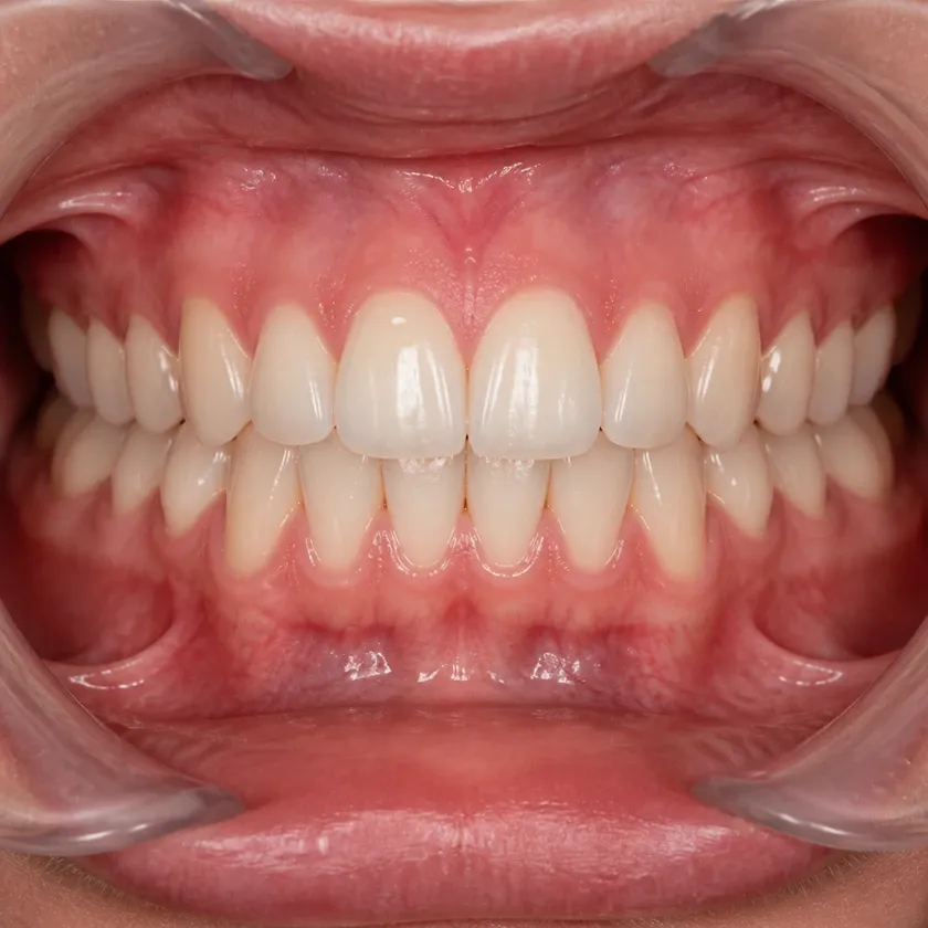 lingual brace — close-up post-treatment result on a clinical photo