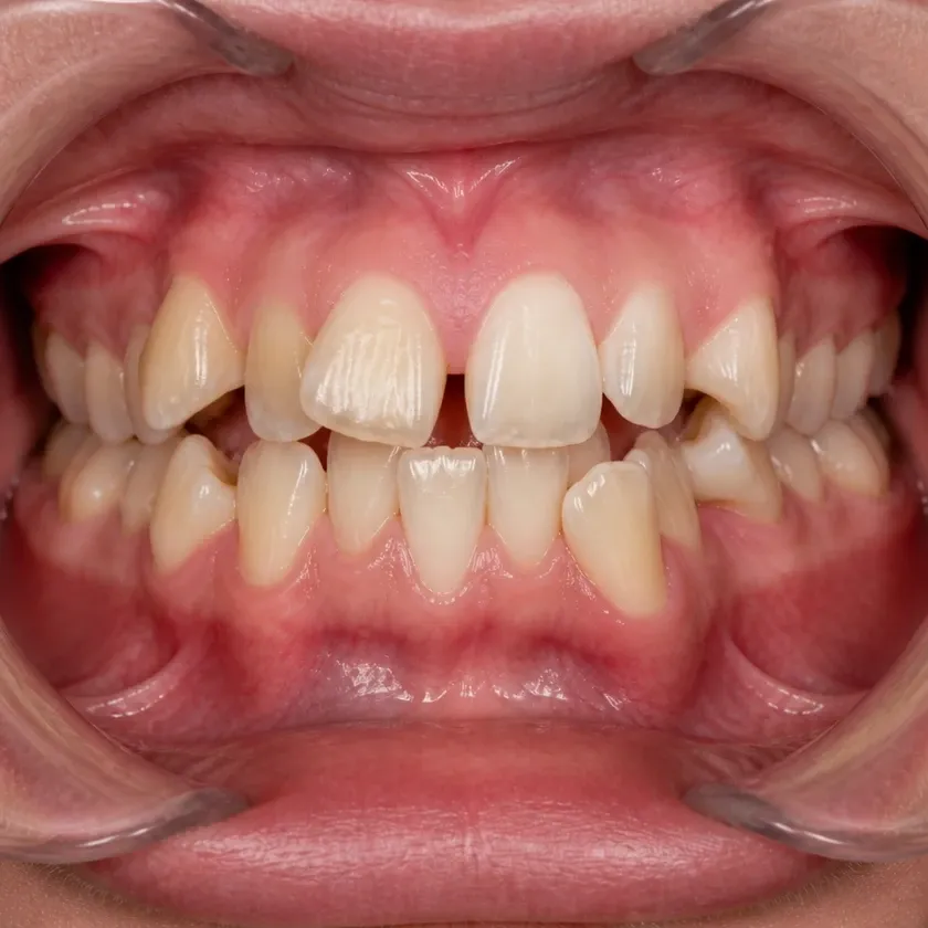 Lingual braces — pre-treatment condition in a clinical photograph