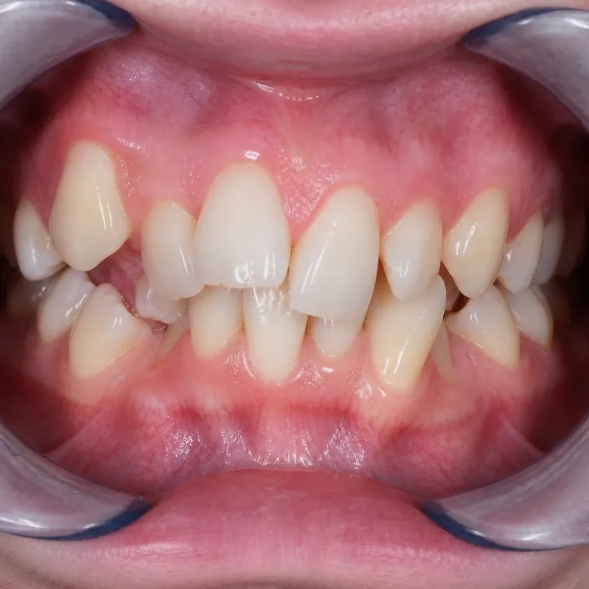 Lingual braces — pre-treatment condition in a clinical photograph