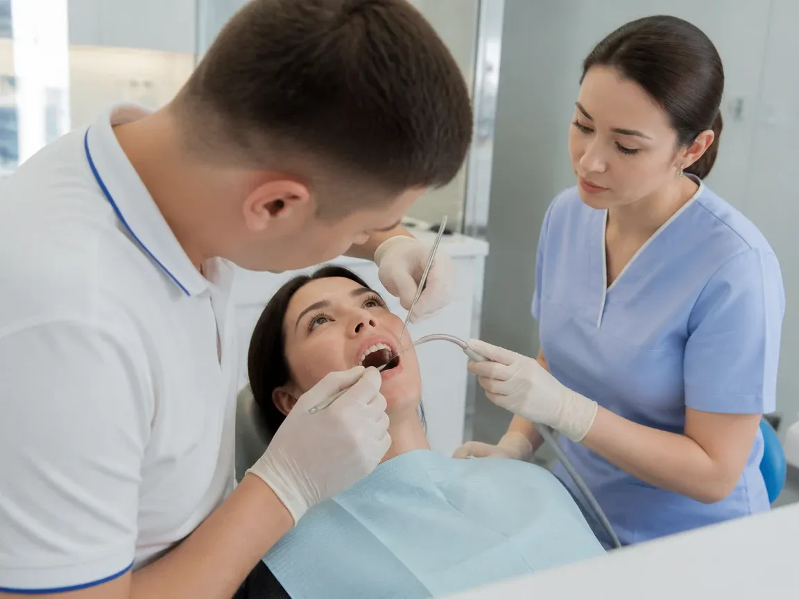 Follow-up visit: the dentist checks the result with a mirror while the assistant holds the saliva ejector — illustration for the 'Try-in and cementation' section