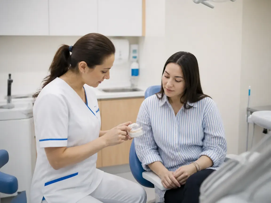 End of appointment: the doctor next to the patient goes over aftercare recommendations — illustration for the "Follow-up examination" section