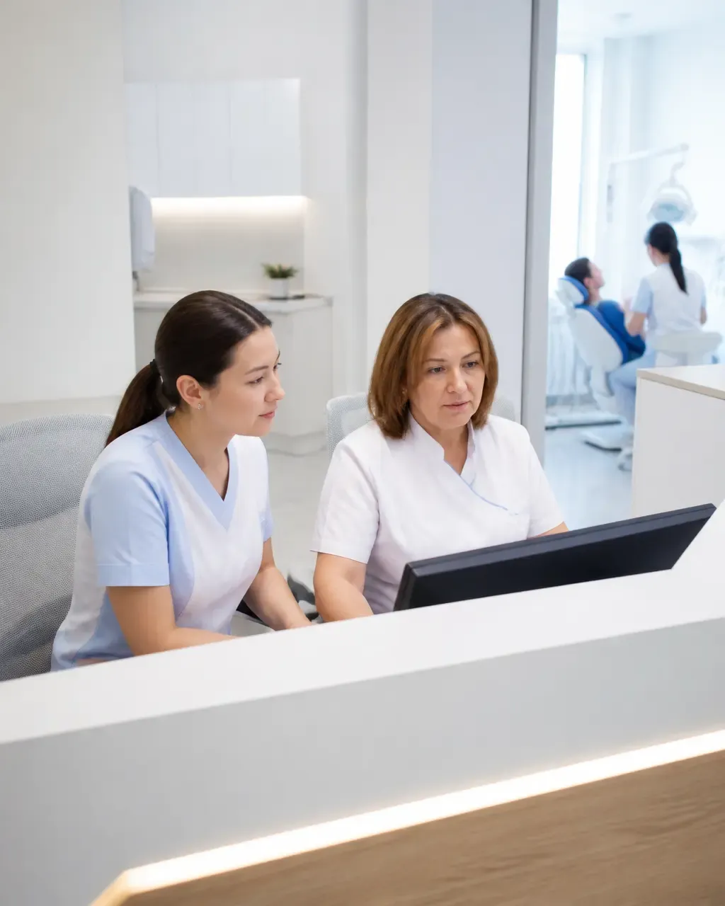 Clinic administrators check the appointment schedule on the screen at the front desk