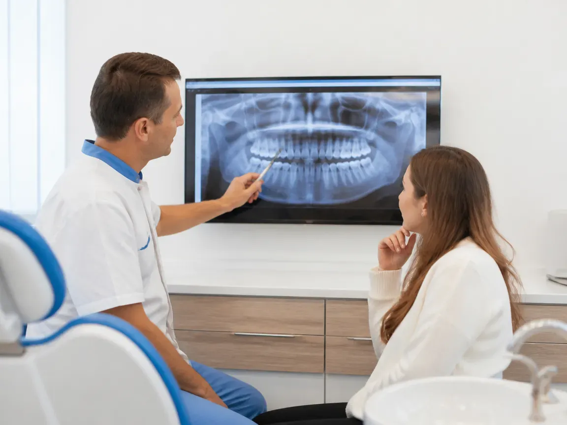 Consultation: doctor and patient at a screen with an X-ray — illustration for the "Consultation and Diagnostics" section