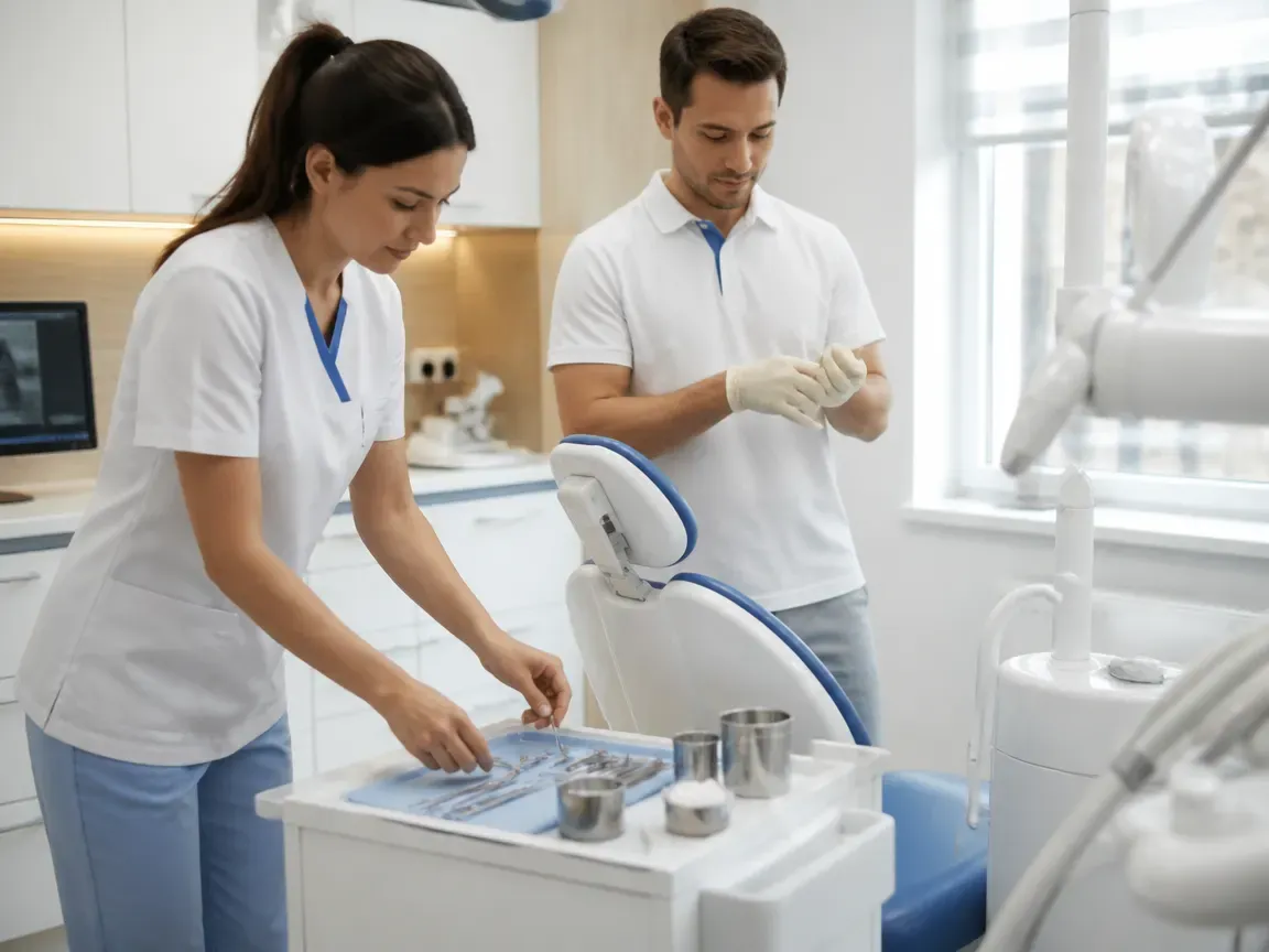 Preparation: the assistant lays out sterile instruments, the dentist puts on gloves — illustration for the section "Preparing for treatment"