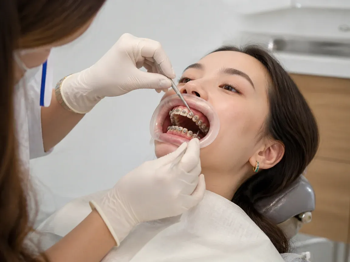 The treatment stage itself: the doctor's gloved hands working inside the oral cavity — an illustration for the "Bracket Bonding" section