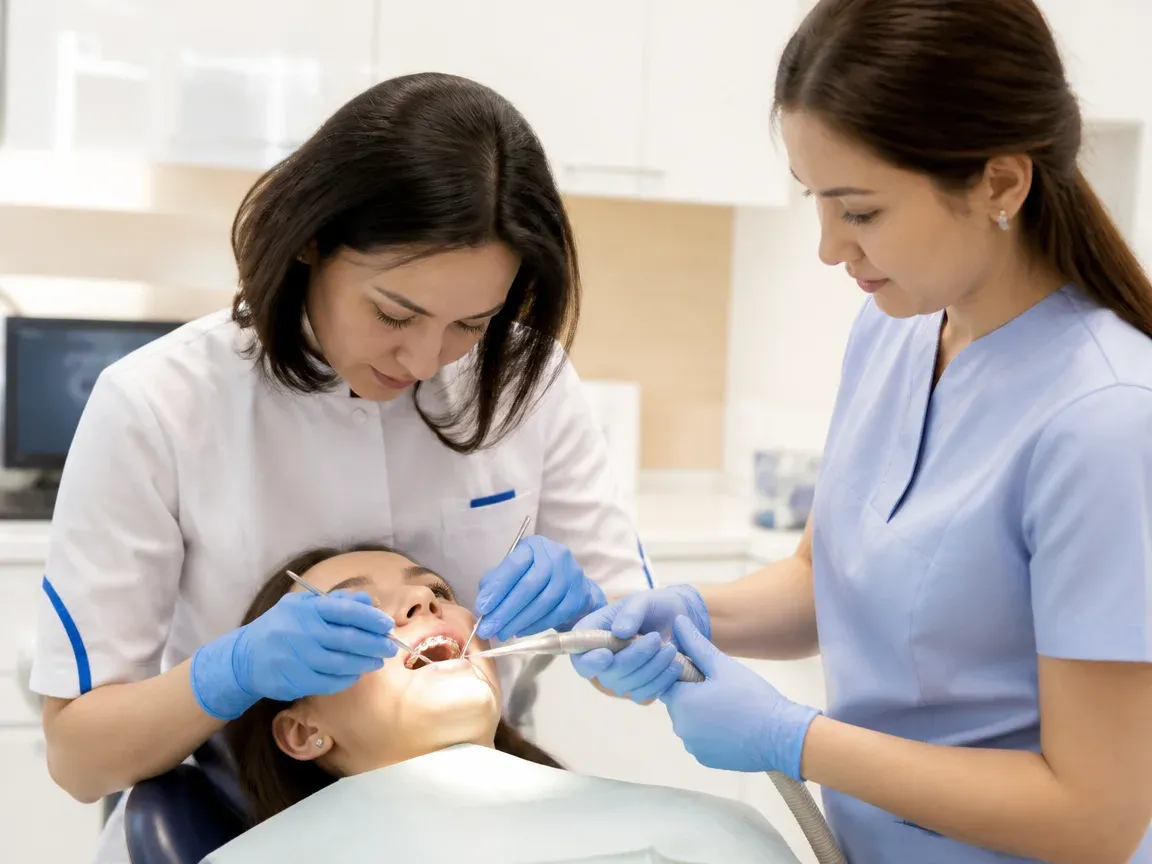 Follow-up visit: the doctor checks the result with a mirror while the assistant holds the saliva ejector — illustration for the section "Wear Period and Adjustments"