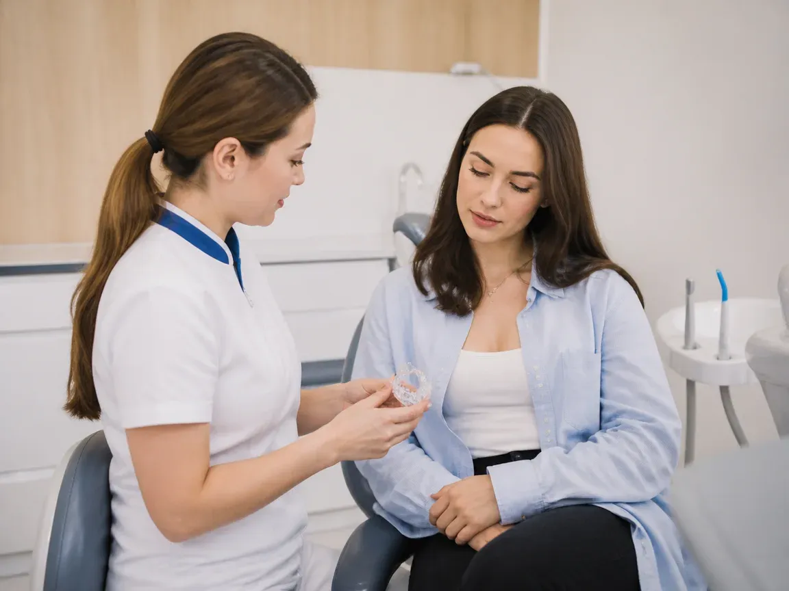 End of appointment: the doctor next to the patient goes over aftercare recommendations — illustration for the "Removal of the system" section