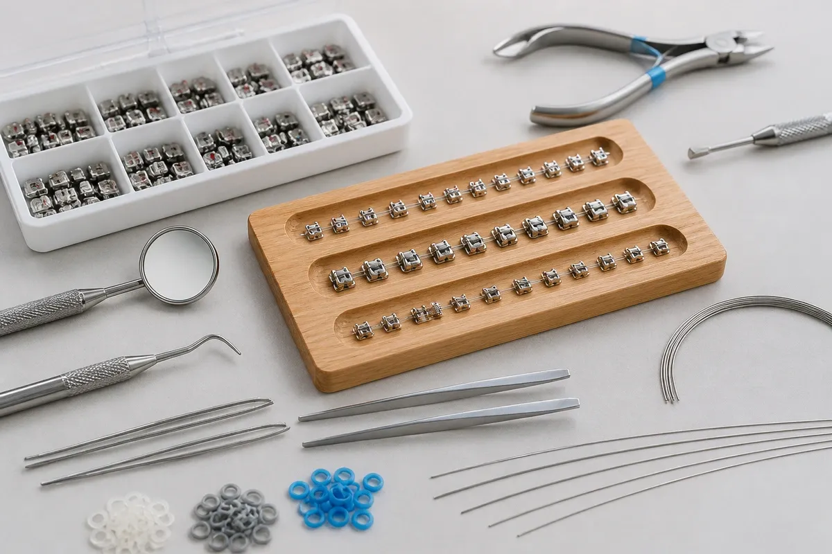 Instruments and materials for this type of treatment, laid out on a light surface — an illustration for the section "Ligature, self-ligating, and mini-systems"